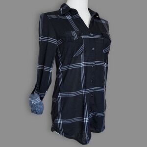 Black/Grey Plaid Button-Up Shirt, Women's S